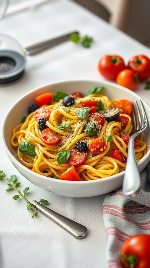 Bowl of pesto pasta primavera with cherry tomatoes and basil on a table
