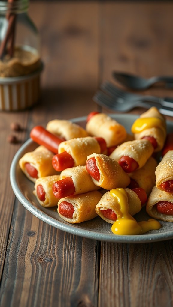 A plate of pigs in a blanket with mustard drizzled on top.