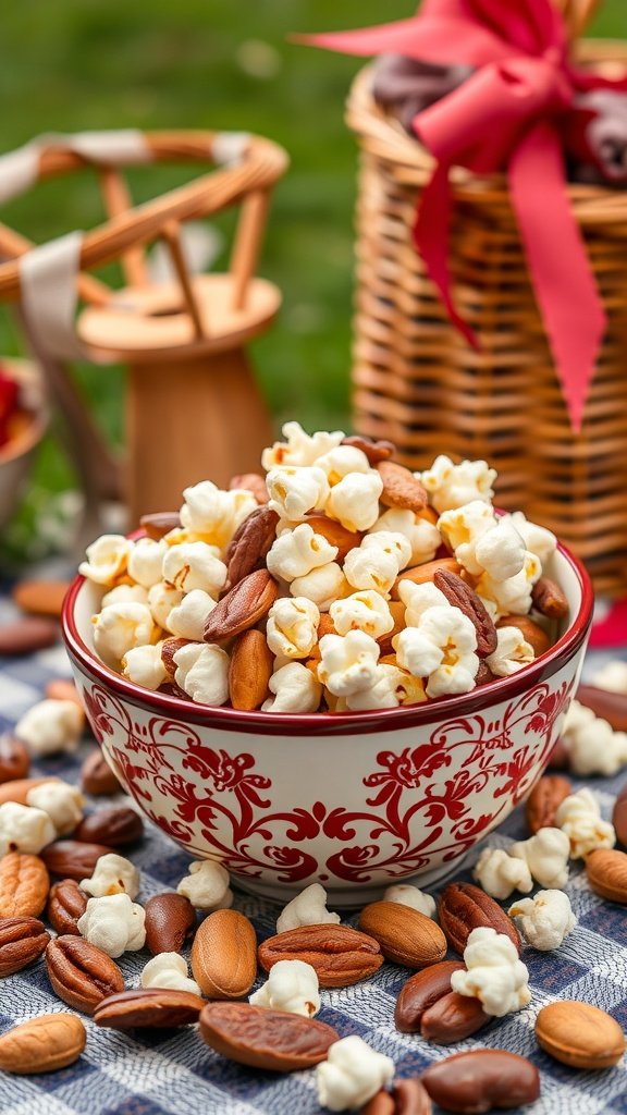 A bowl filled with popcorn and mixed nuts, perfect for a picnic snack.