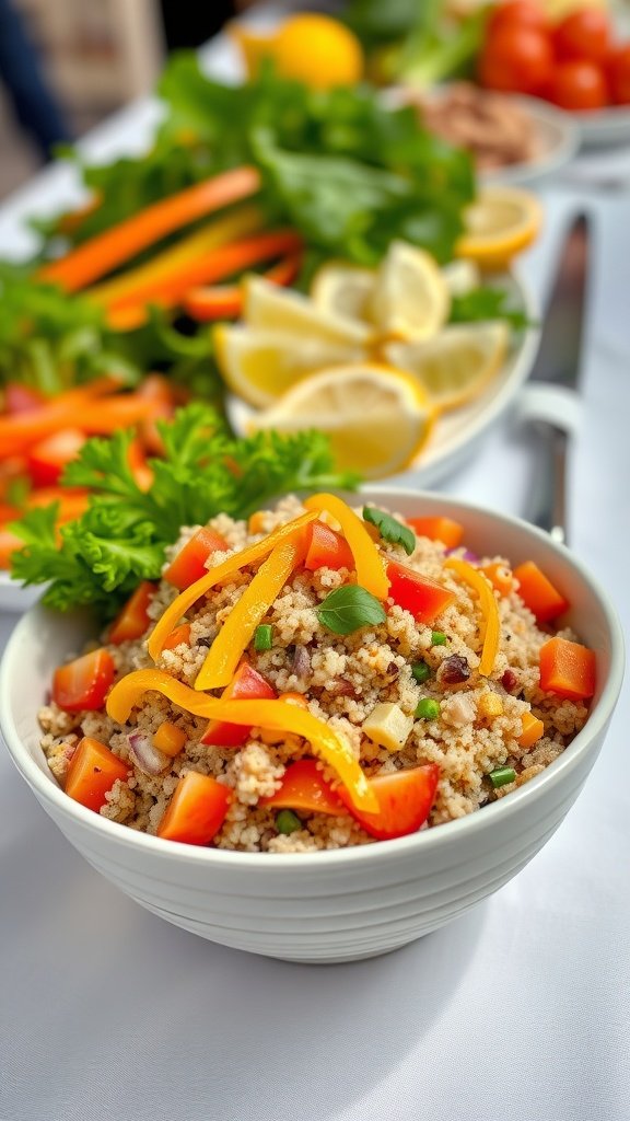 A bowl of colorful quinoa salad with bell peppers on a table with fresh greens and lemon slices in the background.