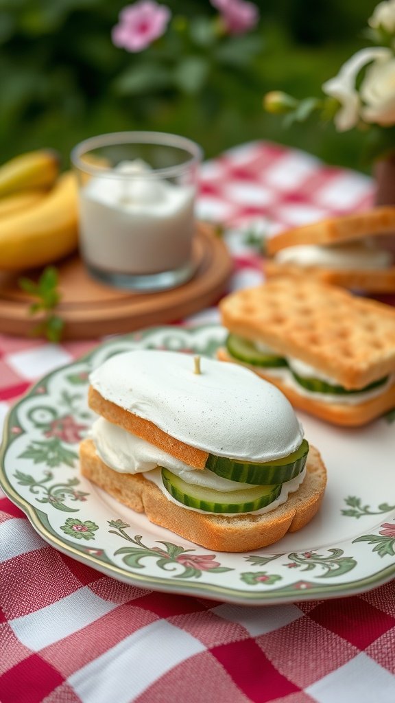 A plate of cucumber sandwiches with a glass of yogurt on a picnic table.