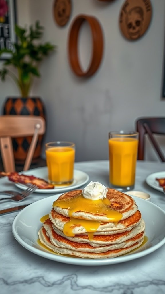 A plate of pancakes topped with butter and syrup, accompanied by glasses of orange juice and crispy bacon.