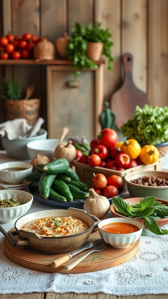 A rustic kitchen filled with fresh vegetables and a prepared dish, showcasing a farm-to-table dining experience.
