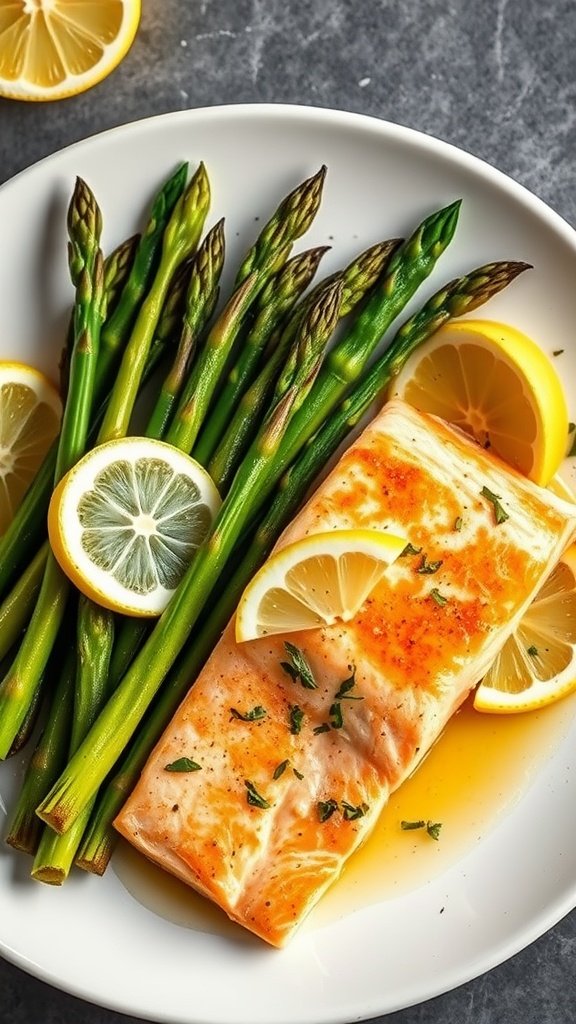 A plate of salmon fillet with lemon slices and asparagus