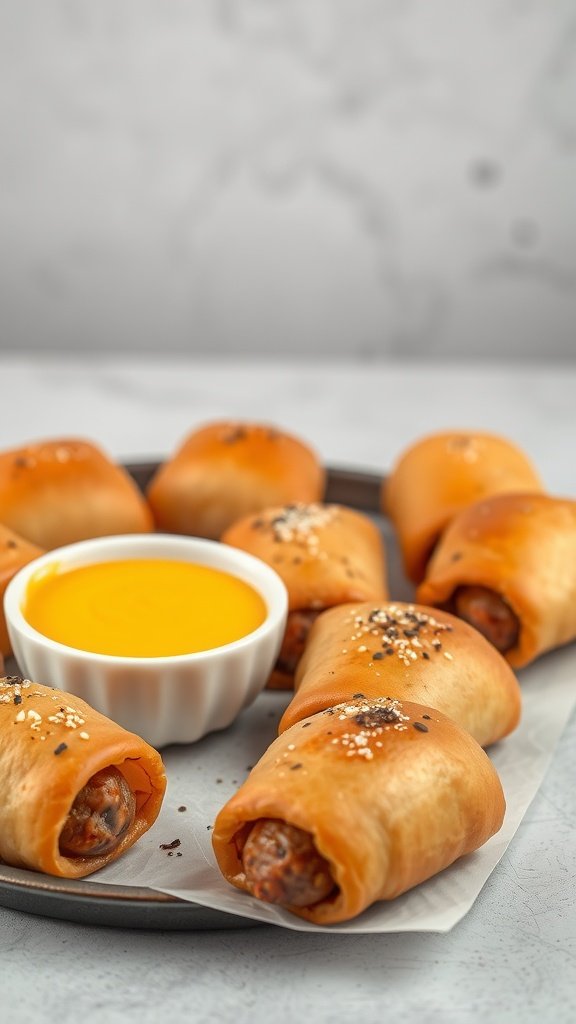 A tray of sausage rolls served with a small bowl of mustard
