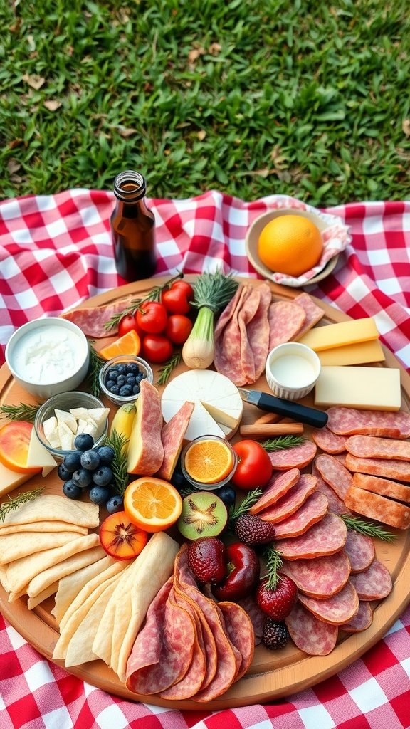 A picnic setup featuring a variety of meats, cheeses, and fruits on a wooden board, complemented by a checkered blanket.