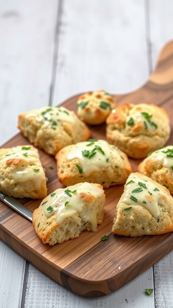 A wooden board with savory cheese and herb scones, some drizzled with cheese and garnished with herbs.