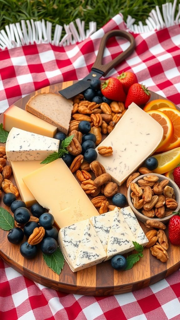 A delicious cheese platter featuring various cheeses, nuts, and fruits on a picnic blanket.