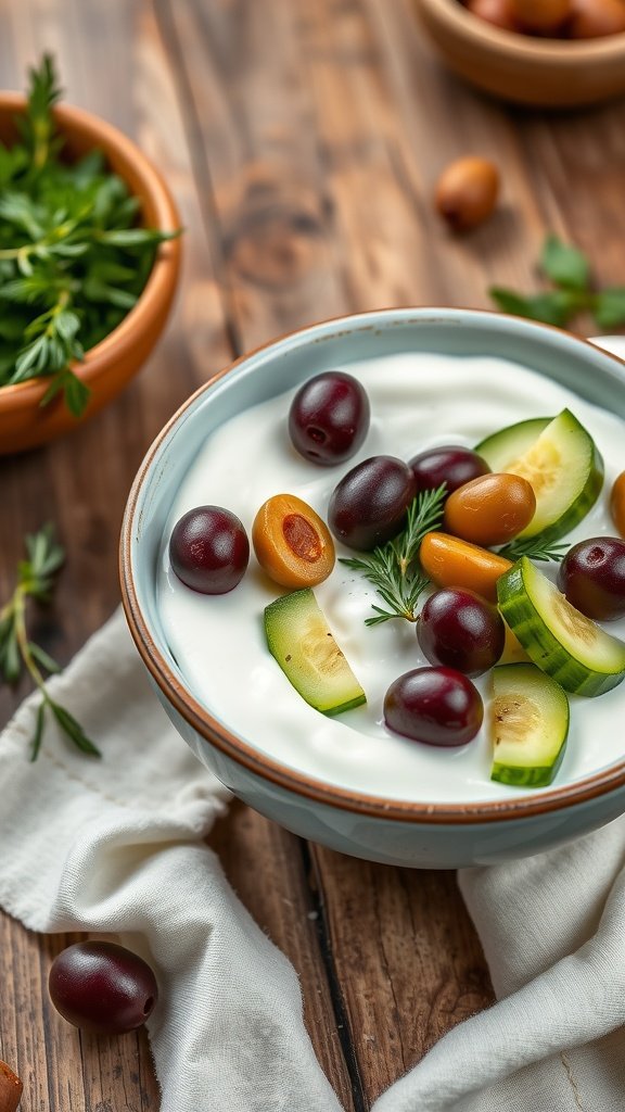 A savory Greek yogurt bowl topped with cucumbers and olives on a wooden table.