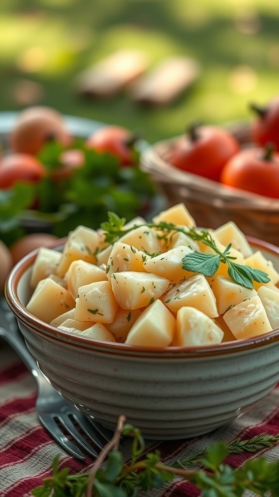 A bowl of savory potato salad with herbs, surrounded by fresh tomatoes on a picnic blanket.