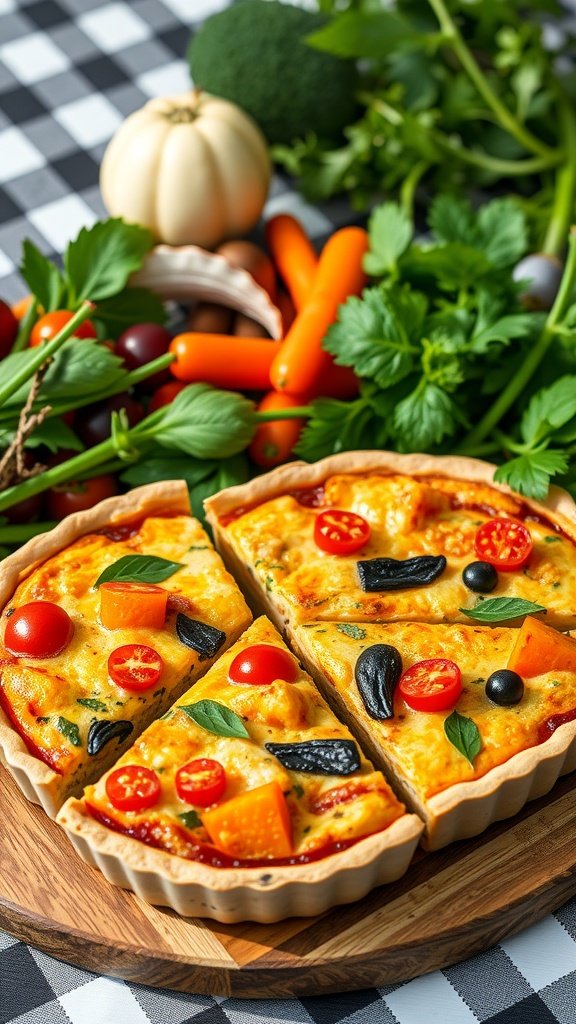 A delicious serving of savory quiche slices with colorful vegetables on a wooden platter.