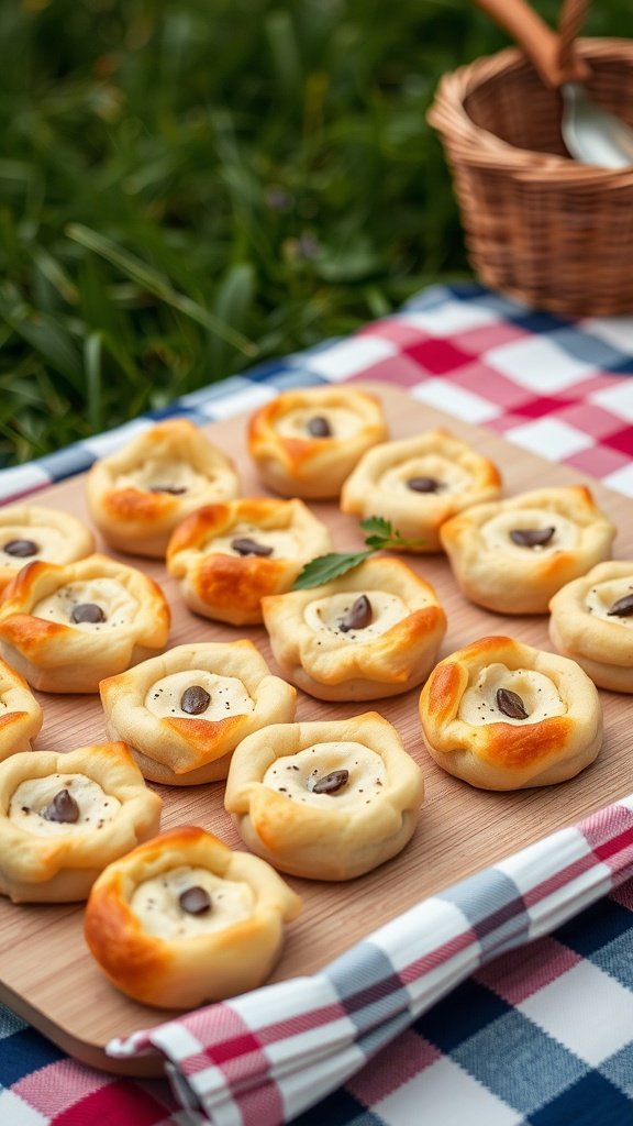 A platter of savory Spanakopita bites on a picnic blanket