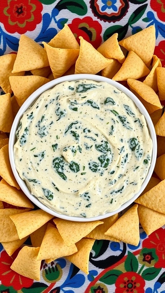 A delicious spinach artichoke dip surrounded by crispy chips on a colorful background.