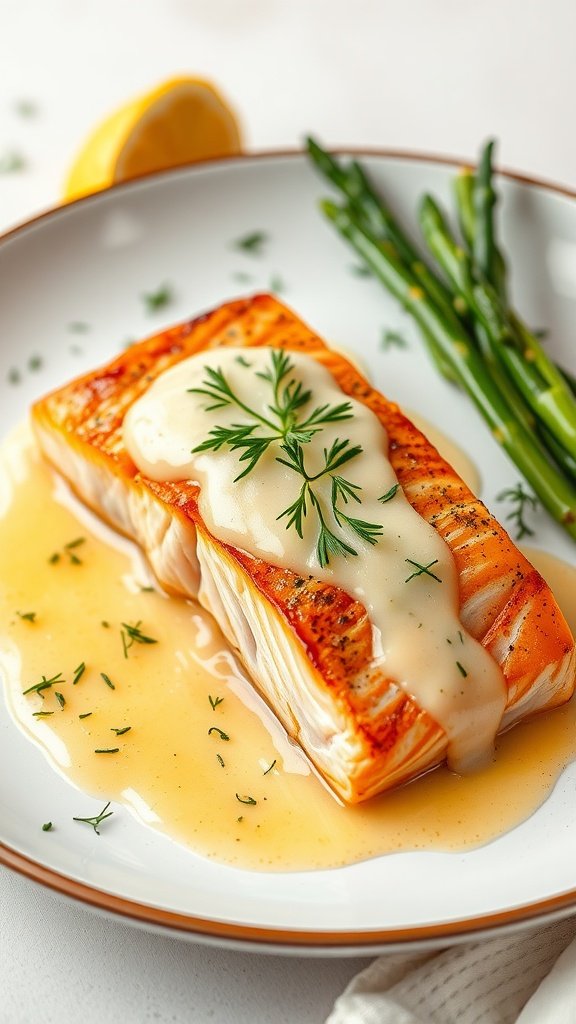 Plate of seared salmon with lemon dill sauce and asparagus