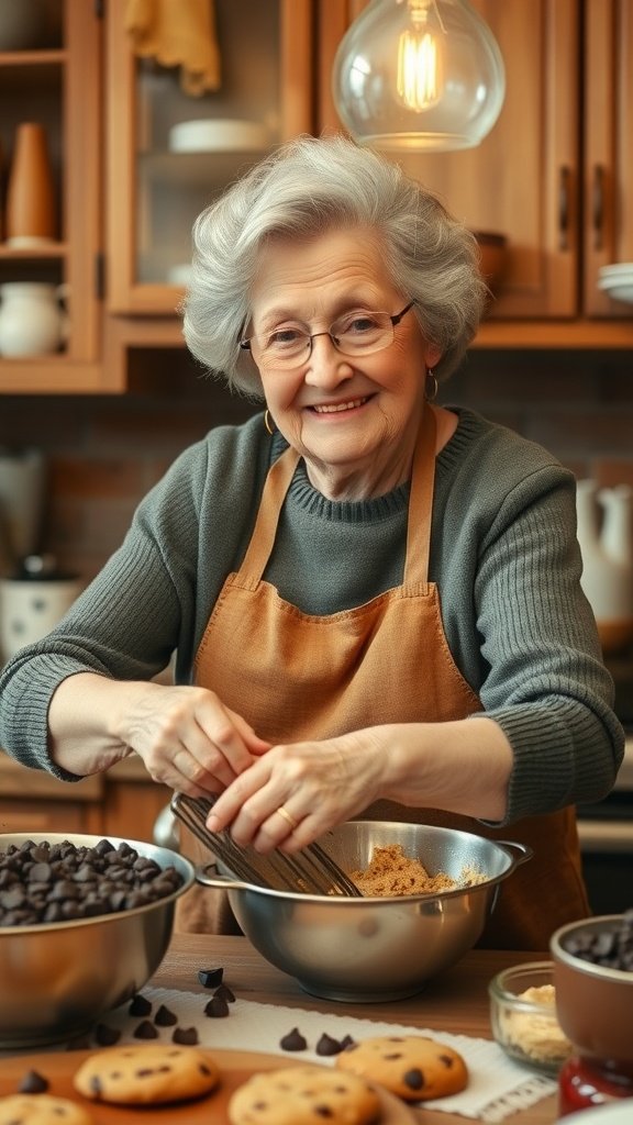 An elderly woman mixing cookie dough in a cozy kitchen, surrounded by bowls of chocolate chips and freshly baked cookies.