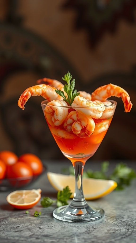 A glass of shrimp cocktail with zesty sauce, garnished with cilantro, alongside tomatoes and lemon slices.