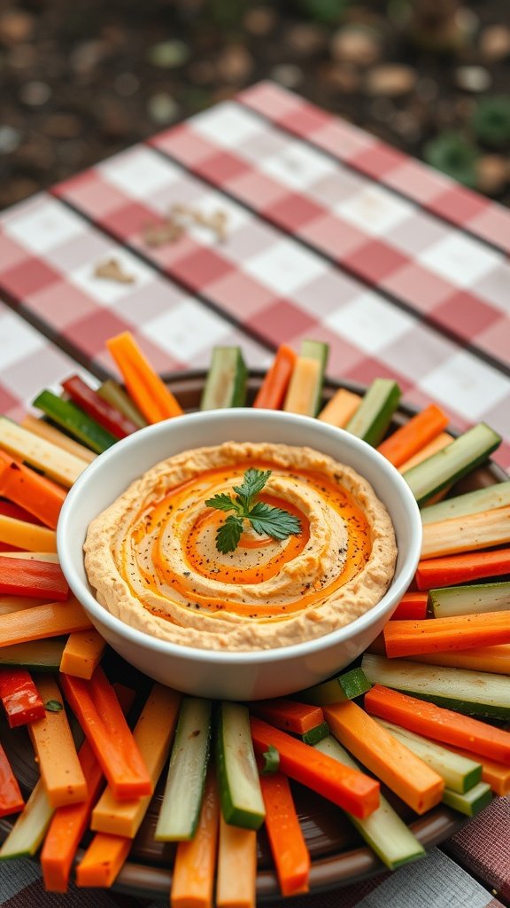 A bowl of spicy hummus surrounded by colorful veggie sticks on a picnic table.