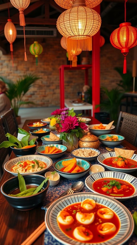 A beautifully arranged Thai dinner table featuring colorful dishes and decorative lanterns, perfect for a romantic setting.