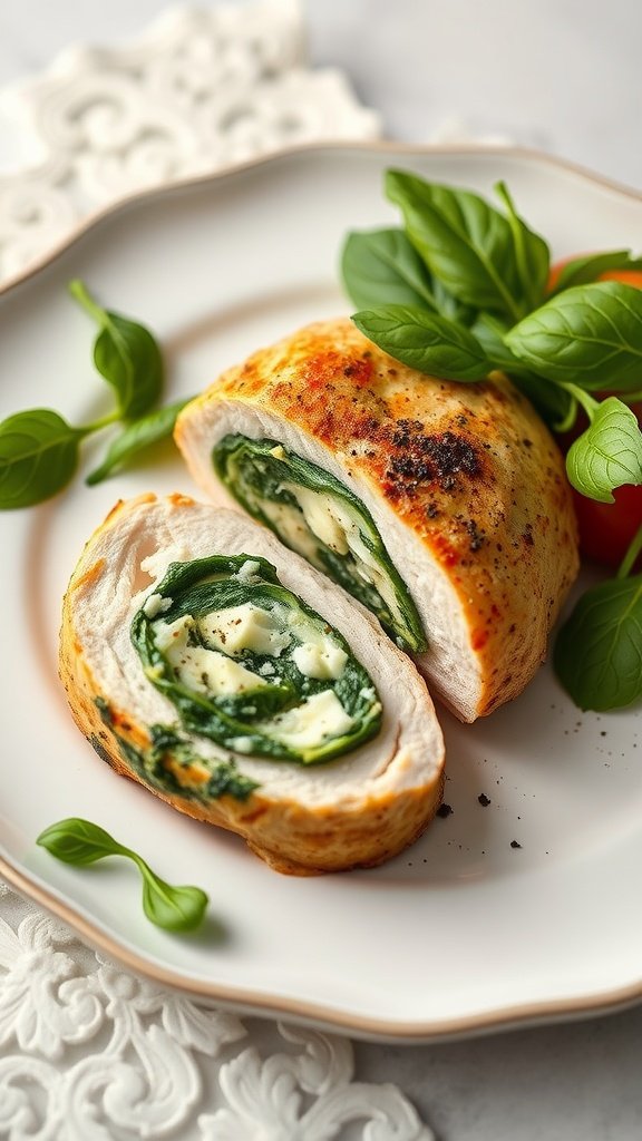Spinach and feta stuffed chicken on a decorative plate