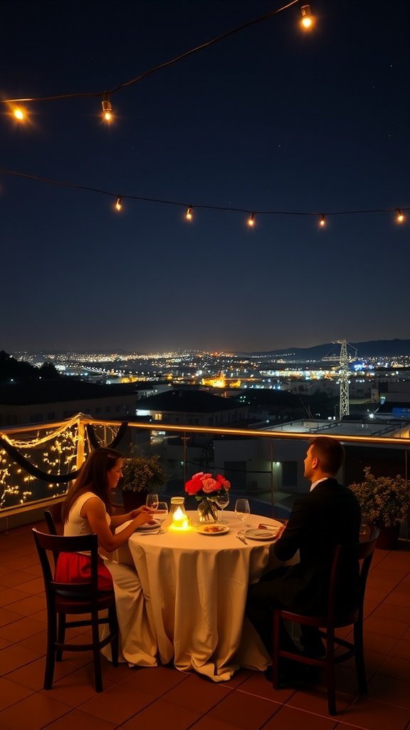 Couple enjoying a romantic dinner on a rooftop under string lights with city lights in the background.