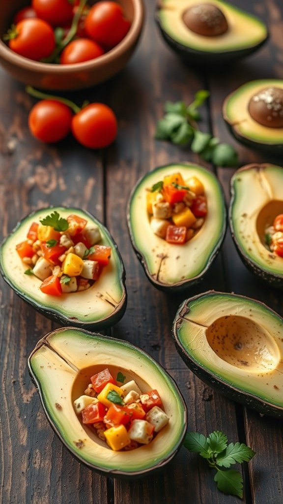 Stuffed avocado halves with diced vegetables and herbs on a wooden table.