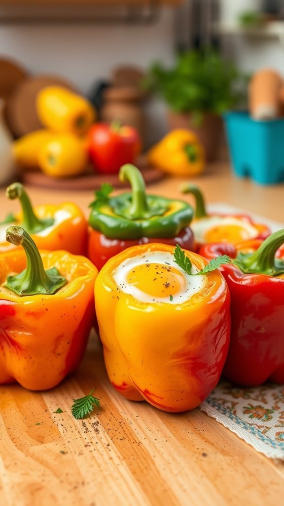 Stuffed bell peppers filled with eggs, arranged on a wooden surface.