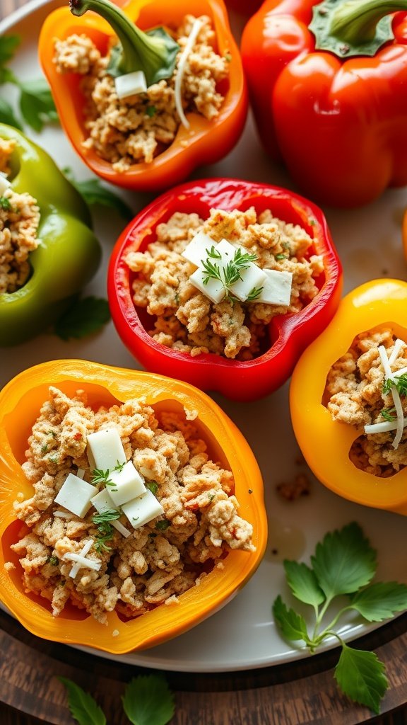 Colorful stuffed bell peppers filled with ground turkey, topped with herbs and cheese.