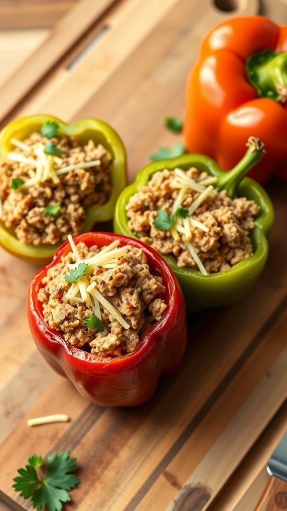 Stuffed bell peppers with ground turkey and cheese on a wooden cutting board