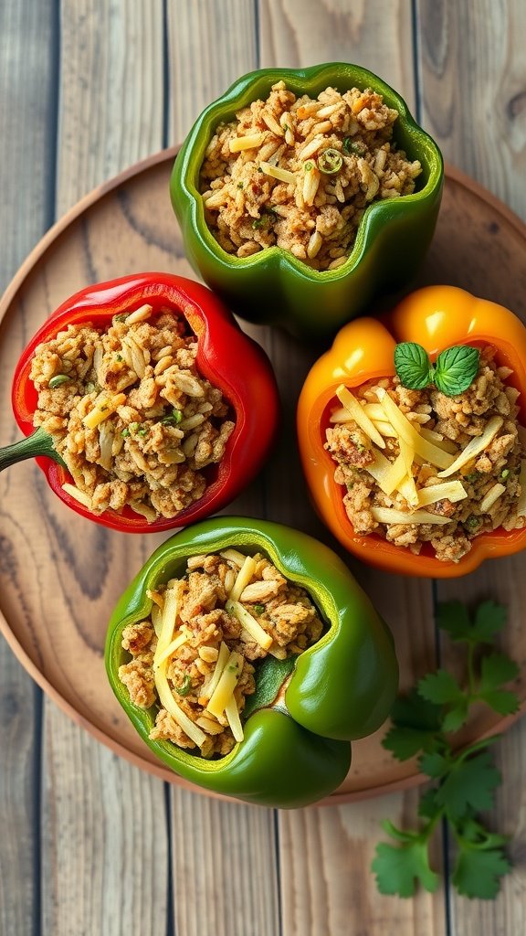 A platter of stuffed bell peppers filled with ground turkey and topped with cheese