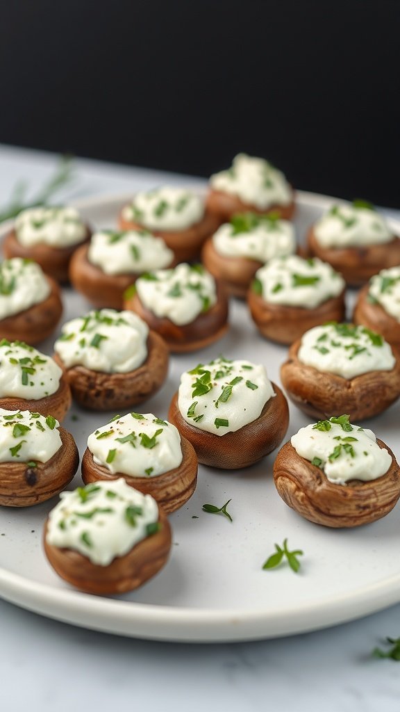 A plate of stuffed mushrooms topped with cream cheese and herbs.
