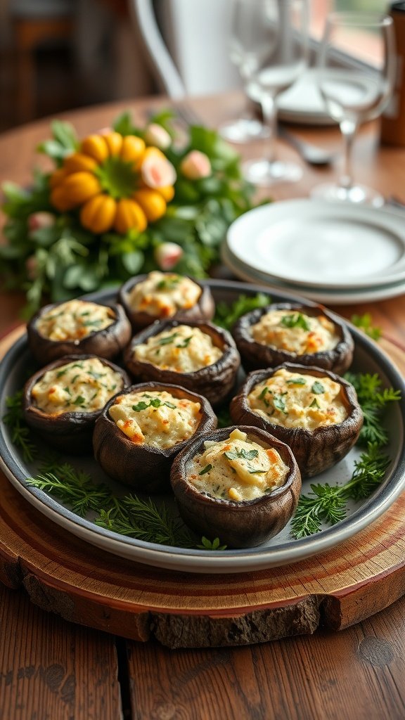 Delicious stuffed portobello mushrooms on a platter, surrounded by greenery, ready for a wedding reception.