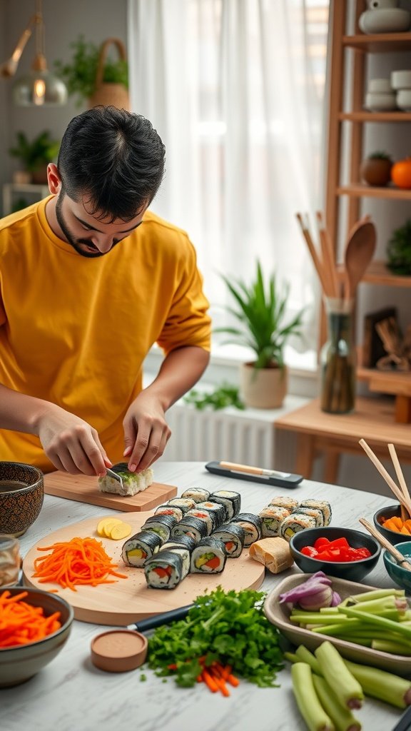 A person preparing sushi with fresh ingredients on a table.