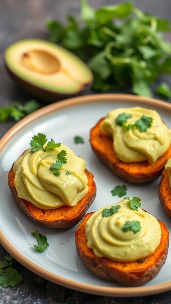 Sweet potato halves topped with avocado cream and garnished with cilantro on a plate