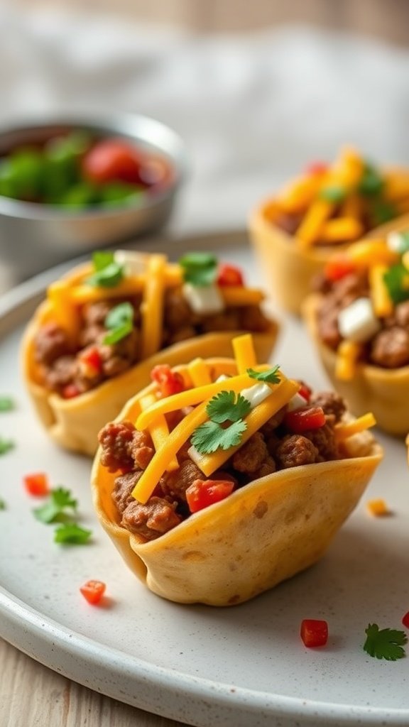 Three taco bites filled with ground beef, cheese, and garnished with chopped cilantro and red peppers.