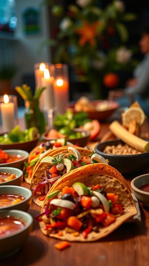 A romantic taco dinner setup with colorful tacos, fresh ingredients, and candles.