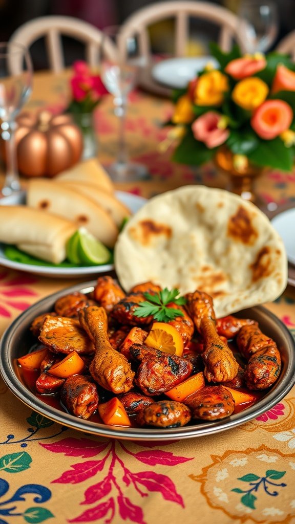 A plate of tandoori chicken served with naan and garnished with herbs and lemon slices, set on a colorful tablecloth.