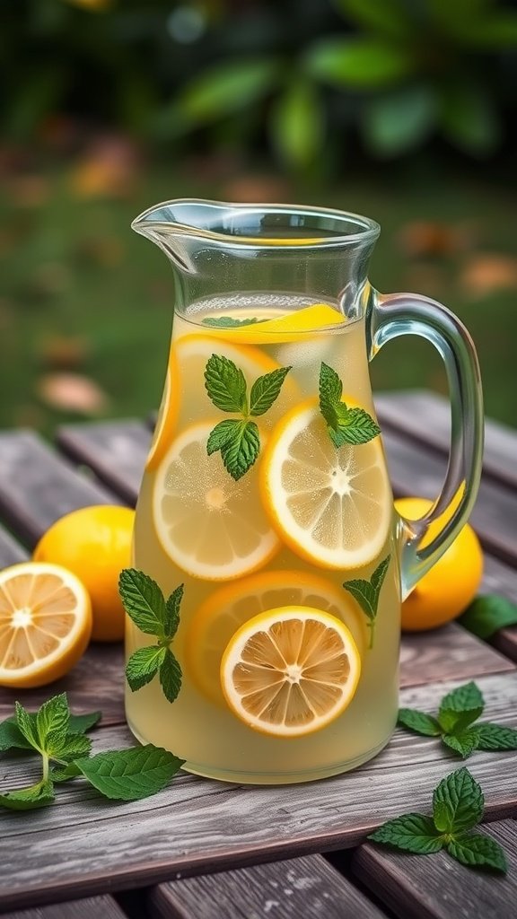 A pitcher of lemonade with lemon slices and mint leaves on a wooden table.
