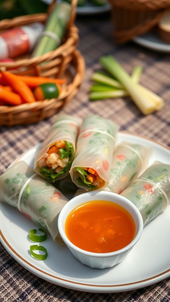 Plate of Thai spring rolls with dipping sauce, surrounded by fresh vegetables