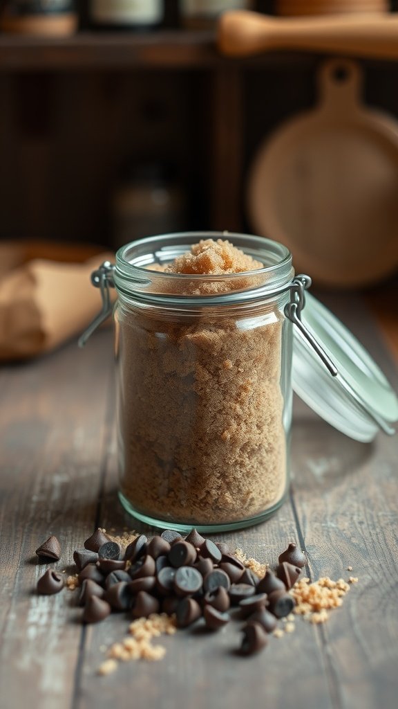 A jar of brown sugar next to chocolate chips on a wooden table.