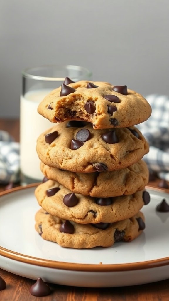 A stack of homemade chocolate chip cookies with a bite taken from the top cookie, next to a glass of milk.
