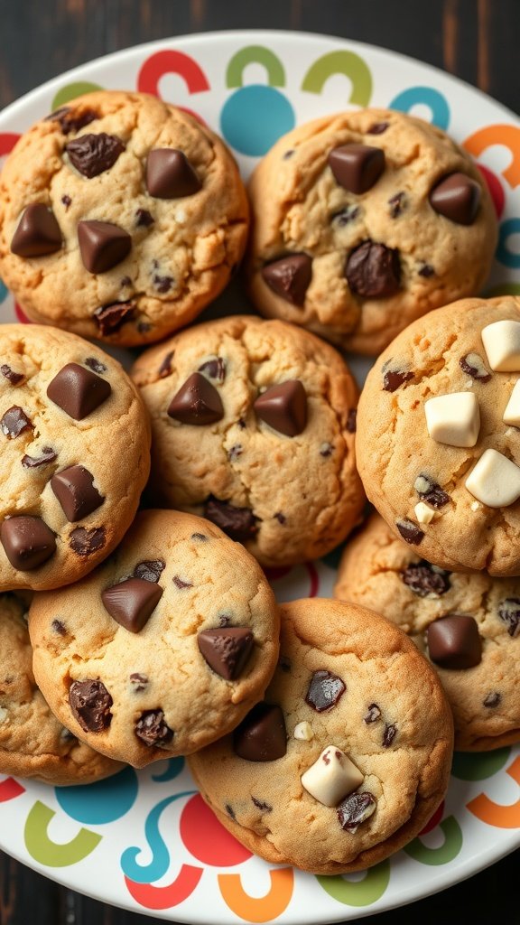 A plate of homemade chocolate chip cookies with various chocolate types.
