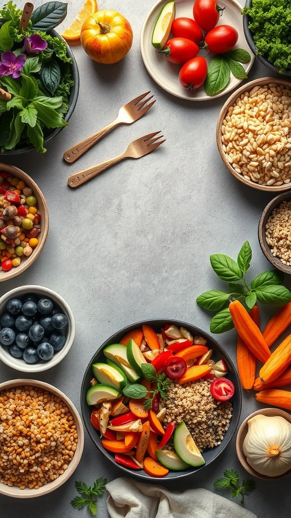 Colorful vegan dinner spread with fresh vegetables, grains, and herbs.