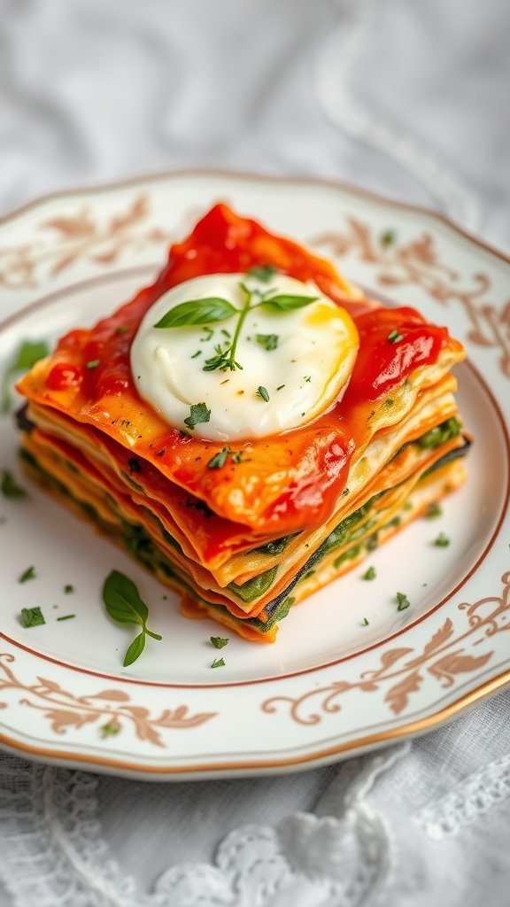 a plate of lasagna with a poached egg on top