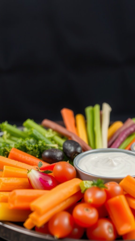 A vibrant vegetable platter featuring an assortment of fresh veggies and a bowl of dip.