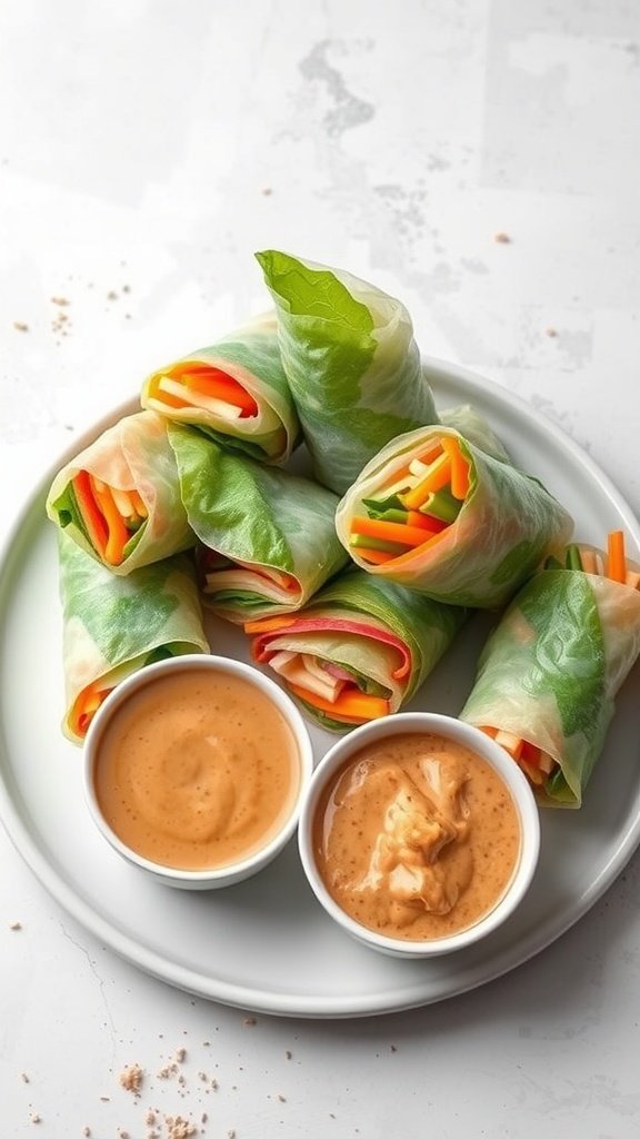 A plate of vegetable spring rolls with peanut sauce