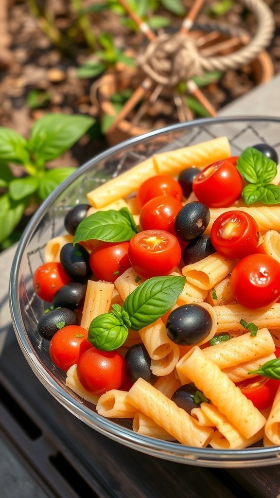 A vibrant bowl of pasta salad with cherry tomatoes, olives, and fresh basil.
