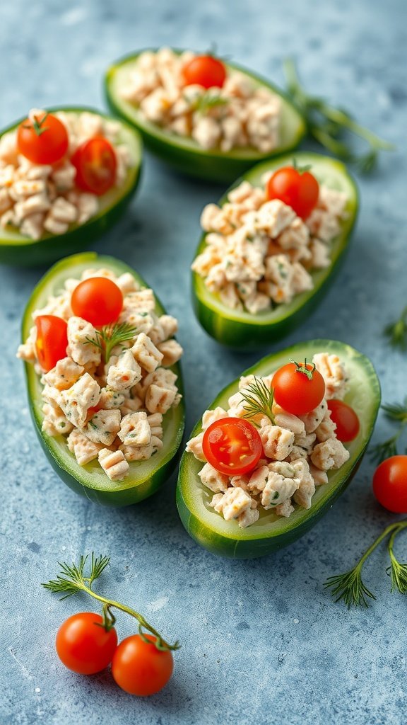 Cucumber boats filled with tuna salad, topped with cherry tomatoes and garnished with dill.