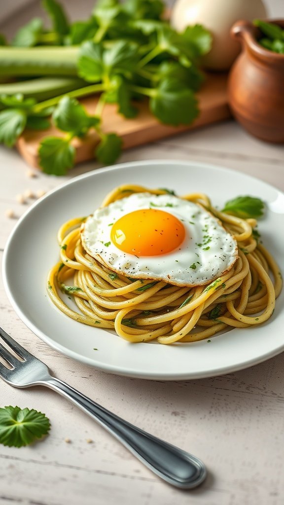 A plate of zucchini noodles topped with pesto and a fried egg.