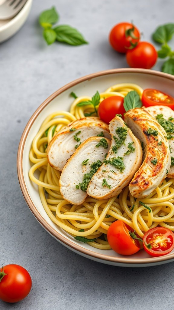 A bowl of zucchini noodles topped with pesto and grilled chicken, garnished with cherry tomatoes and fresh herbs.