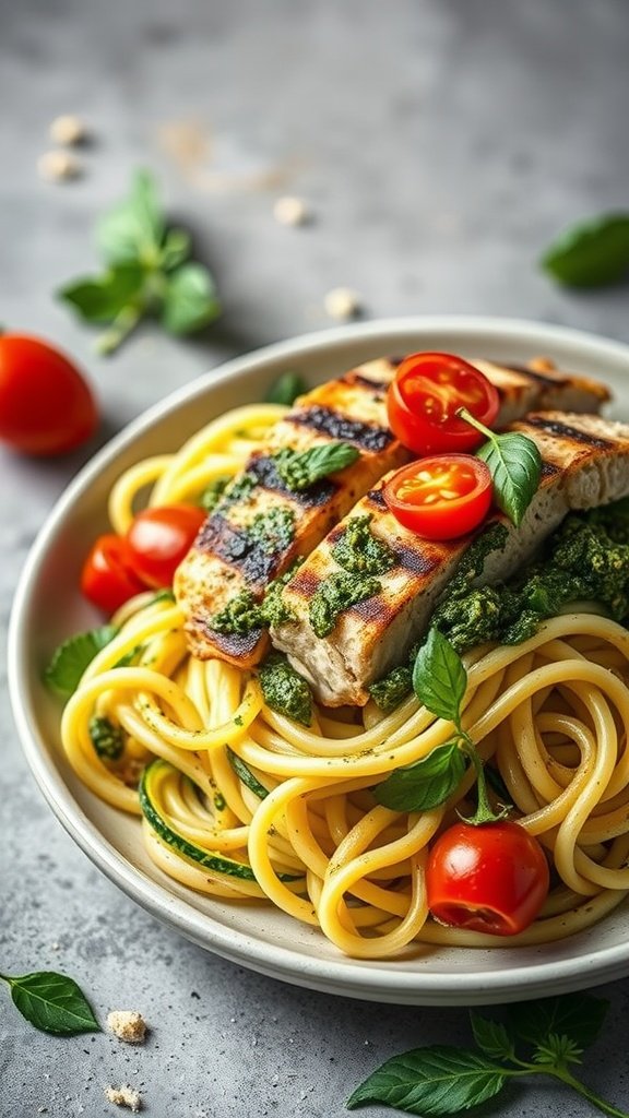 A bowl of zucchini noodles topped with grilled chicken, pesto, and cherry tomatoes.